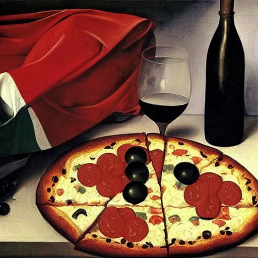 Prompt: ' still life of a soccer ball, a bottle of wine, a pizza and an italian flag. oil painted by caravaggio.'