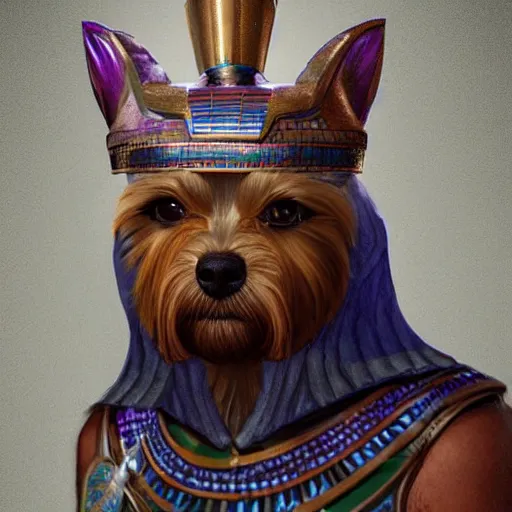 Prompt: an egyptian yorkie pharaoh, portrait, matte fantasy painting, deviantart artstation, by jason felix by steve argyle by tyler jacobson