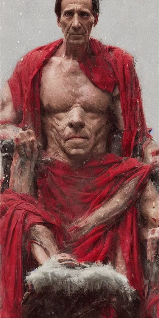 Image similar to the end is near. a tired julius caesar is sitting on his throne. face is highly detailed. splices of red are running down his toga. mist. color scheme red. low angle medium shot. imagined by jeremy lipking