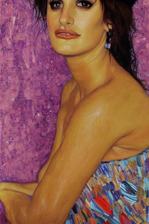 Prompt: oil painting, portrait of penelope cruz, artwork by gustav klimt