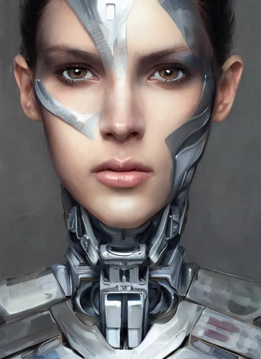 Image similar to a professional painting of a beautiful young female, clothed in stealth armor, cybernetic implants, olive skin, long dark hair, beautiful bone structure, symmetrical facial features, intricate, elegant, digital painting, concept art, smooth, sharp focus, illustration, from Metal Gear, by Ruan Jia and Mandy Jurgens and Artgerm and William-Adolphe Bouguerea