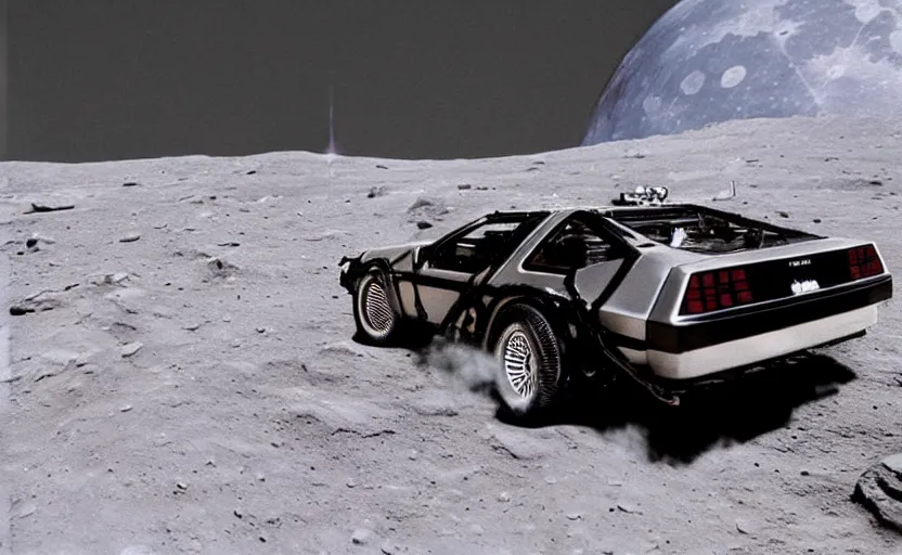 Image similar to a delorean on the moon taken from a super 8 camera, realistic, photoreal, 8 0 s