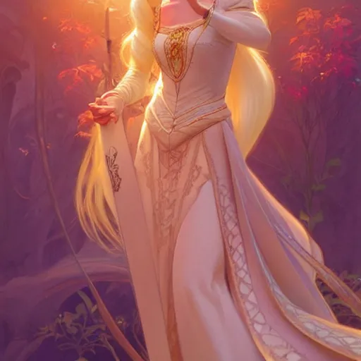 Prompt: princess rapunzel, D&D, fantasy, intricate, elegant, highly detailed, digital painting, artstation, concept art, matte, sharp focus, illustration, art by Artgerm and Greg Rutkowski and Alphonse Mucha