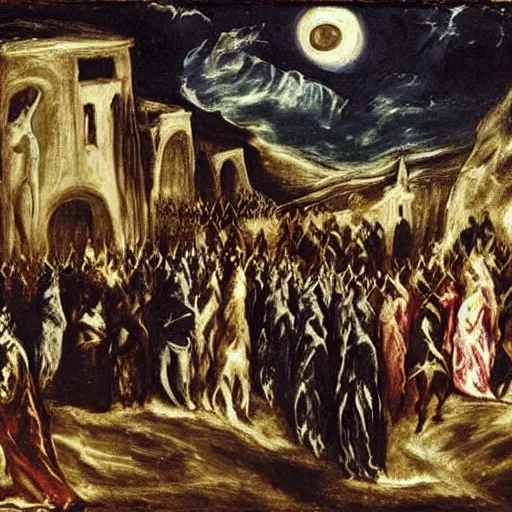 Image similar to A A Holy Week procession of souls in a Spanish landscape at night by El Greco.