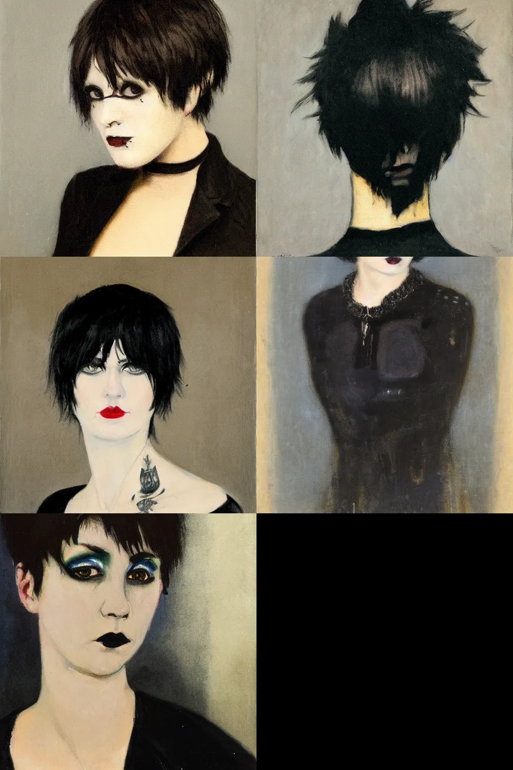 Prompt: a goth portrait painted by leon dabo. her hair is dark brown and cut into a short, messy pixie cut. she has a slightly rounded face, with a pointed chin, large entirely - black eyes, and a small nose. she is wearing a black tank top, a black leather jacket, a black knee - length skirt, and a black choker.