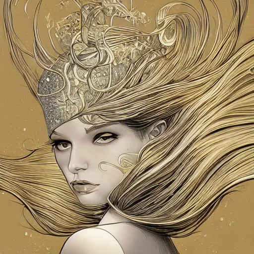 Image similar to gold and silver tones, princess of light, style of moebius, james jean, mcbess, long glowing ethereal hair, cinematic, highly detailed, award winning