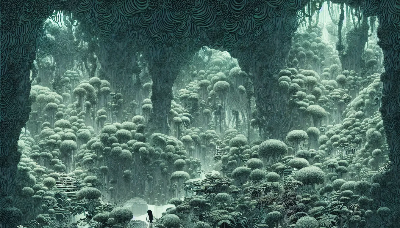 Image similar to fern grotto by nicolas delort, moebius, victo ngai, josan gonzalez, kilian eng