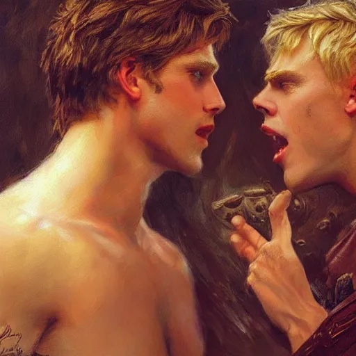 Image similar to attractive male, arthur pendragon who has blond hair confesses his love to attractive male, merlin who has dark hair. highly detailed painting by gaston bussiere, craig mullins, j. c. leyendecker 8 k