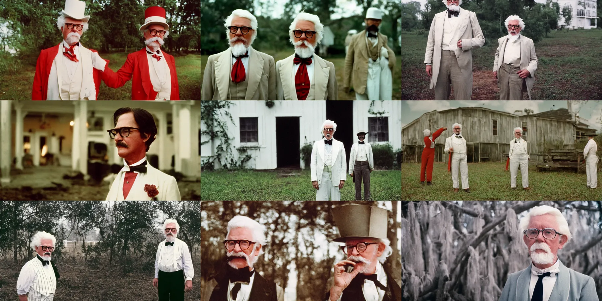 Prompt: colonel sanders plantation owner 1 8 5 0 s directed by wes anderson, cinestill 8 0 0 t, 1 9 8 0 s movie still, film grain