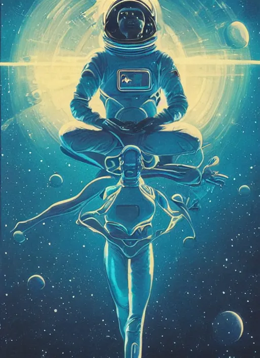 Prompt: meditating astronaut high details, intricate details, by vincent di fate, artgerm julie bell beeple, 1 9 8 0 s, inking, vintage 8 0 s print, screen print