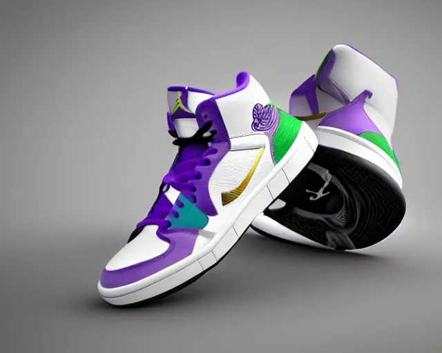 Image similar to 3D render of mid height air jordan sneakers with the joker colors, cinematic, studio lighting, award winning, highly detailed, 4k, hd, sharp