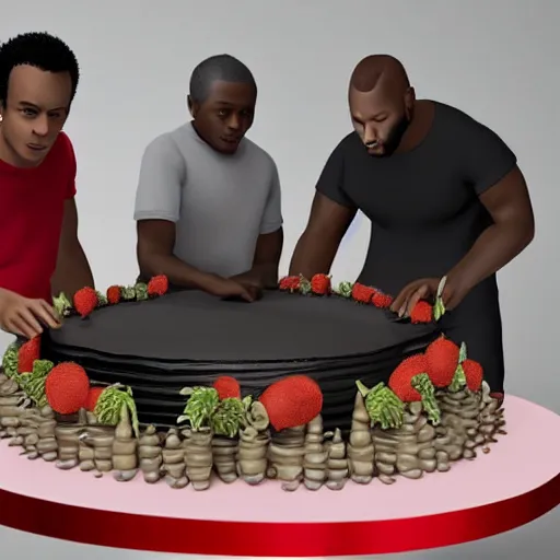 Image similar to several black guys surrounding a big cake. ultra realistic.