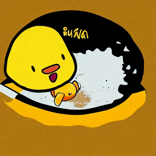 Image similar to gudetama riding a raft down the river, lazy egg