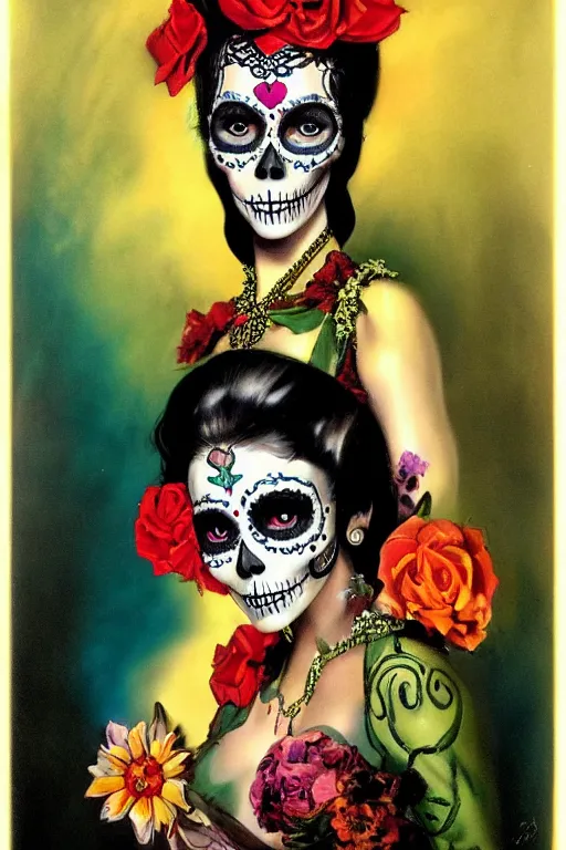 Image similar to Illustration of a sugar skull day of the dead girl, art by rolf armstrong