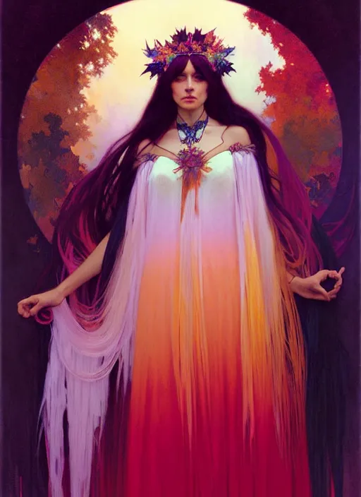 Image similar to ombre velvet gown, feathers, vivid colors, lovely dark autumn princess, portrait, long hair, tiara, jeweled choker, by alphonse mucha, brom, greg rutkowski, anato finnstark