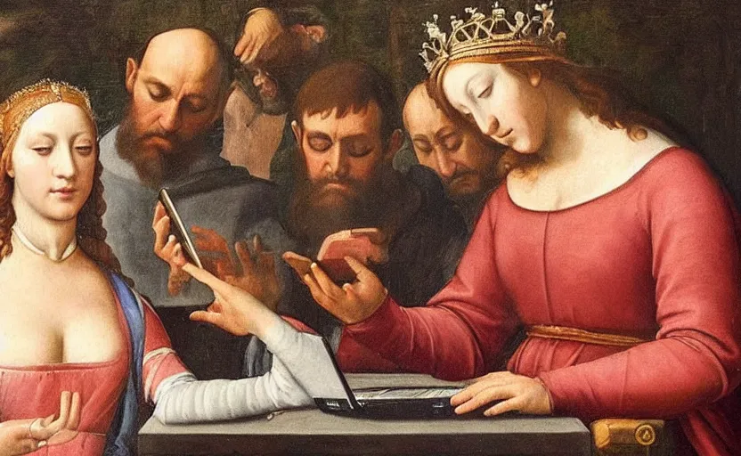 Prompt: renaissance painting of a queen swiping on his smartphone in the foreground, a king on his laptop in the background