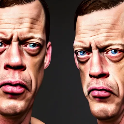 Image similar to photo portrait of the lovechild of john cena and steve buscemi from new jersey, realistic, hyperrealistic, 8 k resolution, hd quality, very detailed, highly detailed, intricate details, real life, real world, trending on artstation, really realistic, very realistic, headshot, head in frame, stock image