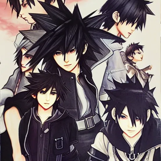 Prompt: a black haired boy with brown eyes. kingdom hearts concept art. Final fantasy Square enix. Tetsuya Nomura. By Shigenori Soejima.