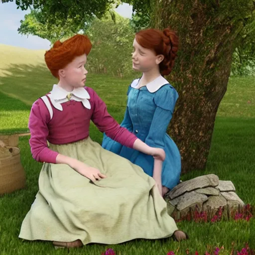 Prompt: A 3D rendering of anne of green gables from the show anne with an e, tucking a person in bed