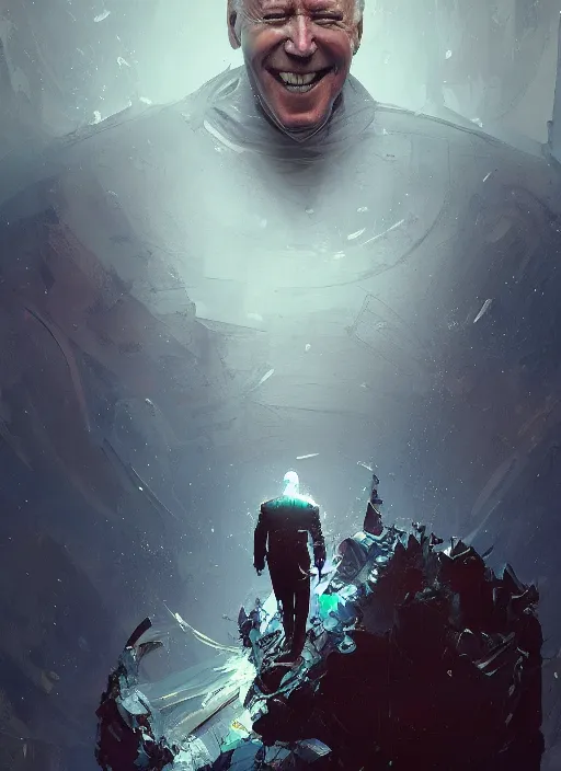 Image similar to Joe Biden grinning emperor of the world, high contrast, cosmic horror, abstract, masterpiece, trending on ArtStation, by Greg Rutkovski and by Craig Mullins and by David Cronenberg and by Ismail Inceoglu