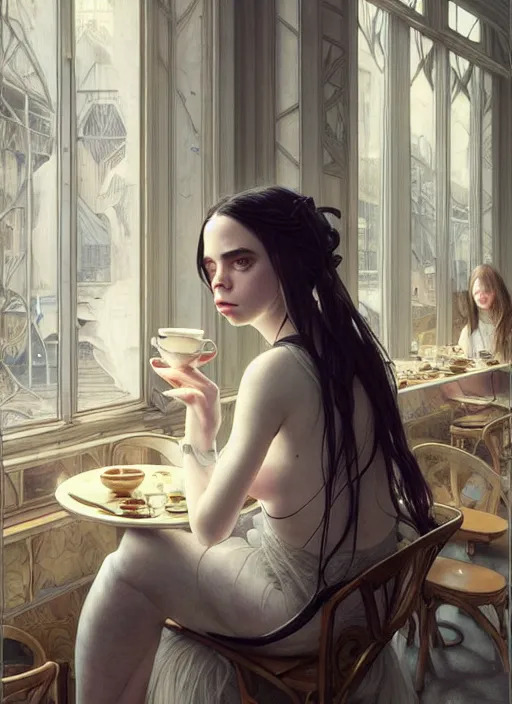 Image similar to Billie Eilish, sitting in a cafe, fantasy, intricate, elegant, highly detailed, digital painting, pale skin, artstation, concept art, matte, sharp focus, illustration, art by Artgerm and Greg Rutkowski and Alphonse Mucha