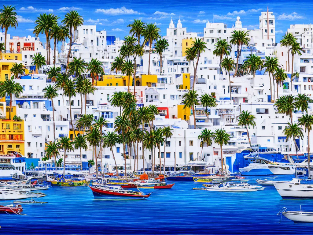 Image similar to hyperrealistic painting of lanzarote, mechanical designs, white houses and palms, boats, technological, detailed engineering, vivid color, elegant, meticulous, cinematic, cyberpunk style, highly detailed, realism, intricate, acrylic on canvas, 8 k resolution, concept art, by noriyoshi ohrai, francesco di giorgio martini