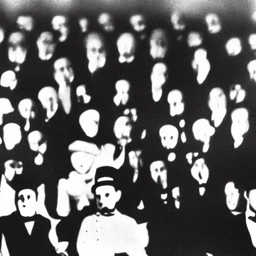 Image similar to silent film still of charlie chaplin's the tramp sitting in the audience of a movie theater, watching a superhero movie projected on the screen