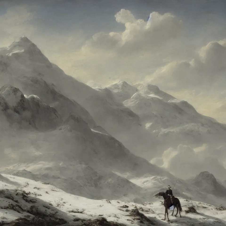 Prompt: figure on horseback in an icy landscape with snow covered mountains in the distance, Kristian Wåhlin,