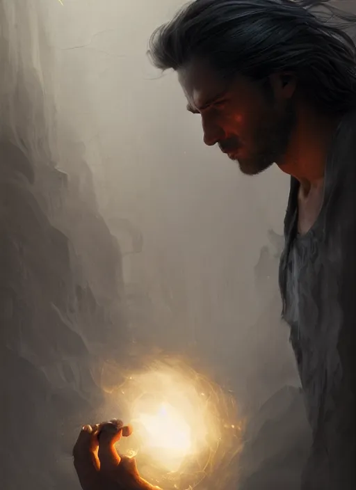 Prompt: side profile of a man with long black hair in brown rags holding a glowing device, fantasy, digital painting, volumetric light, intricate, sharp, focus, bloom, illustration, highly detailed, concept art, matte, ruan jia, randy vargas, greg rutkowski