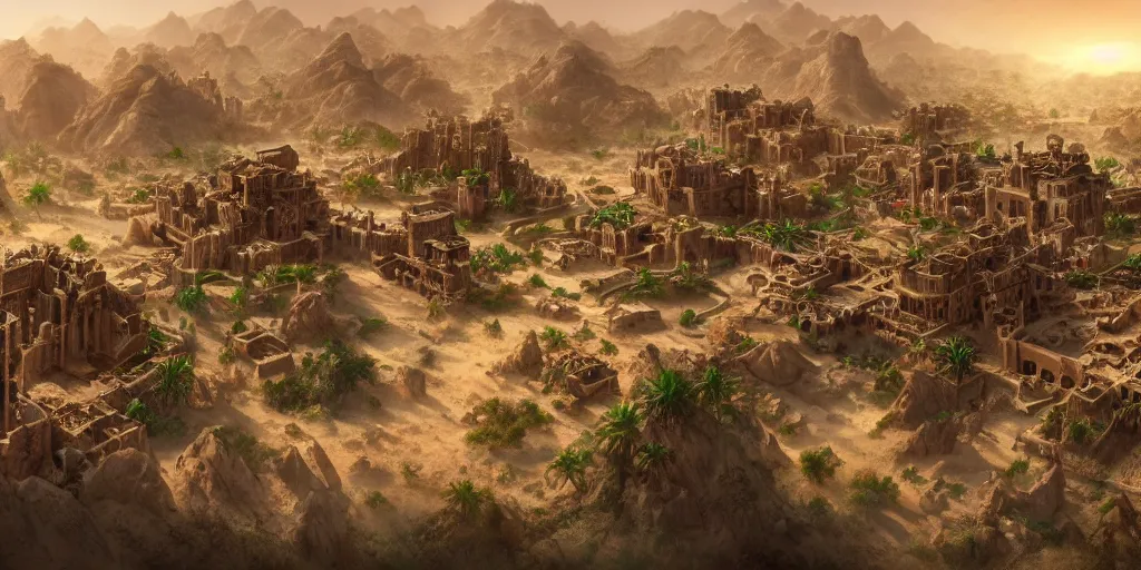 Image similar to Sprawling high fantasy oasis desert village, Cinematic Matte Painting, Insanely Detailed, Award Winning, Trending on Artstation, 8k, UHD