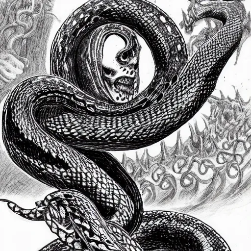 Prompt: a snake with a human face and human arms, serpent, kentaro miura art style