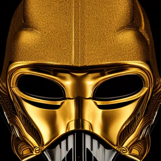 Prompt: close - up photo of gold darth vader shark hybrid, star wars movie, compound eyes, symmetrical front face portrait, high quality, high resolution, octane unreal 5 realphoto raytrace render, intricate, hyper detailed, hard light, black flat background