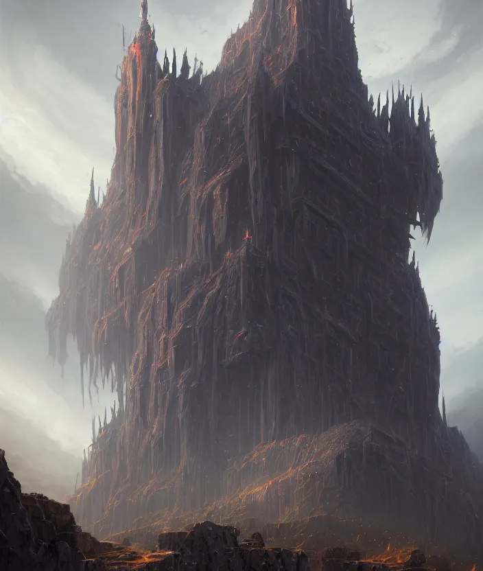 Prompt: a detailed illustration of an imposing evil obsidian fortress with a massive central spiked tower, by moebius and tyler edlin and lee madgwick, trending on artstation, digital art, 4 k resolution, detailed, beautiful render, octane render, high quality, sharp focus, hq artwork, coherent, insane detail, concept art