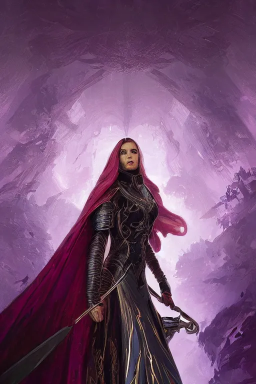 Image similar to masterpiece digital painting of a beautiful woman knight portrait, centered, heavy black obsidian armor, chaotic ruby inlays, large cape, by kev walker and greg rutkowski and mucha, atmospheric fog effects background, purple sparkles, artstation, deviantart, closer view, cinematic lights