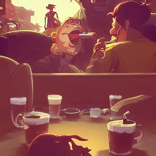 Image similar to cartoon monkeys drinking coffee, behance hd artstation by jesper ejsing, by rhads, makoto shinkai and lois van baarle, ilya kuvshinov, ossdraws, that looks like it is from borderlands and by feng zhu and loish and laurie greasley, victo ngai, andreas rocha