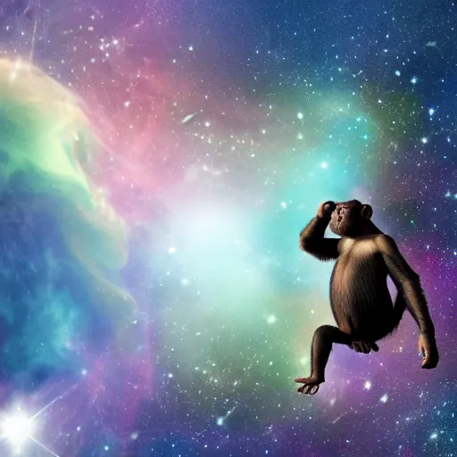 Image similar to a chimpanzee floating through outer space reaching out and touching nebula with it's finger, digital art, 8k