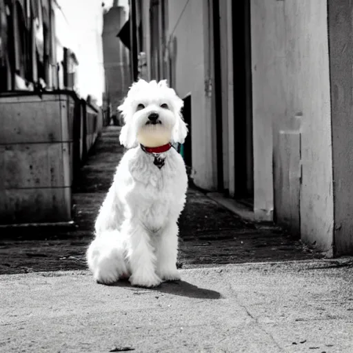 Image similar to a white schnauzer dog with spreaded wings sitting on the street of an abandoned dystopic city, hyprrealism, 5 5 mm photo