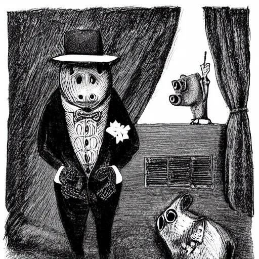 Image similar to a gentleman pig in a tuxedo, creepy, chiaroscuro, dark night, illustration by Edward Gorey