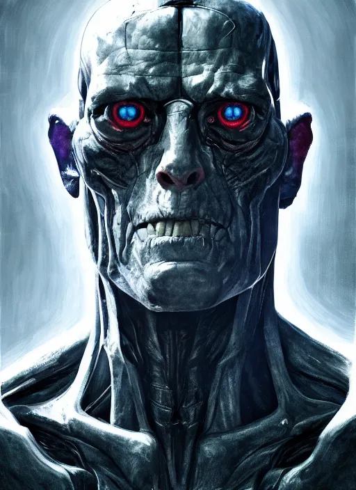 Image similar to michael berryman as victor stone, full body concept, cyborg, borg, strogg, face of a man, terminator, flesh, quake strogg, doom demon, wolfenstein, monstrous, powerful, symmetry, symmetrical, concept art by ruan jia and greg rutkowski