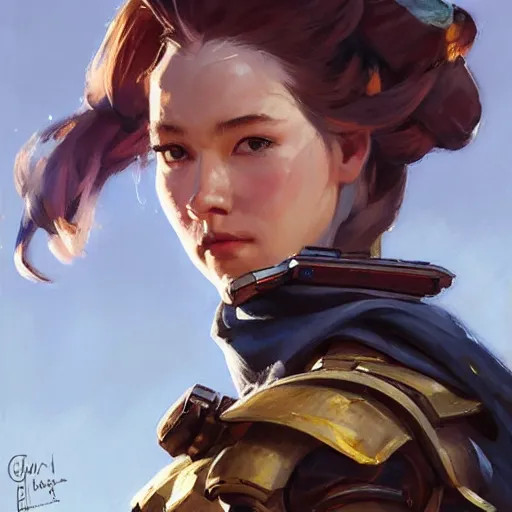 Image similar to greg manchess portrait painting of armored aloy as overwatch character, medium shot, asymmetrical, profile picture, organic painting, sunny day, matte painting, bold shapes, hard edges, street art, trending on artstation, by huang guangjian and gil elvgren and sachin teng