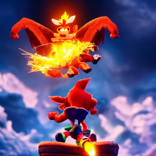 Image similar to crash bandicoot riding pegasus flying through a ring of fire, photo realistic, dramatic cinematic lighting, octane render, 4k, ultra detailed,