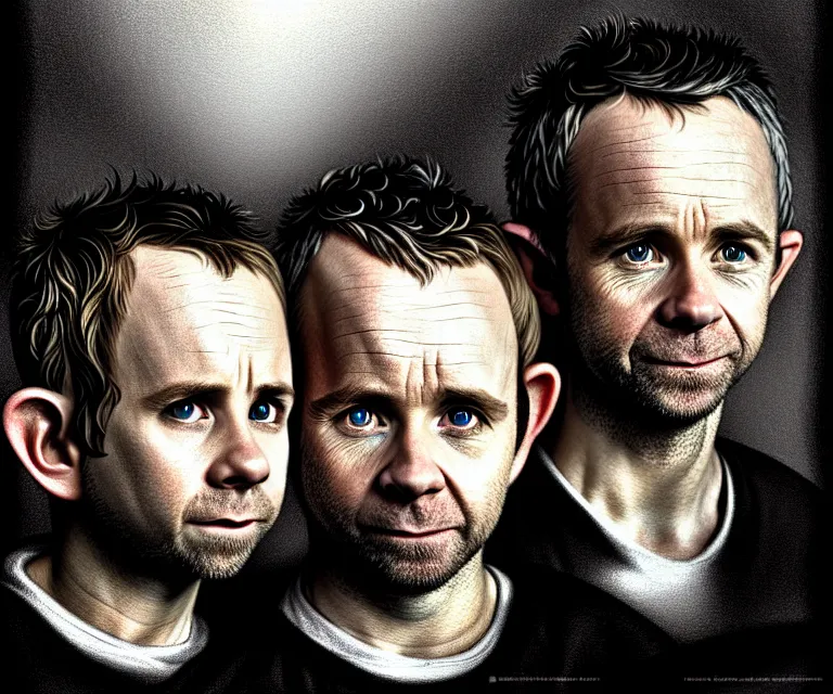 Image similar to a detailed fifty mm portrait of dominic monaghan and billy boyd as hobbits in black adidas track suits with white stripes, headshot, highly detailed, digital painting, artstation, concept art, sharp focus, cinematic lighting, illustration, art by met mangindaan, artgerm and greg rutkowski, alphonse mucha, cgsociety