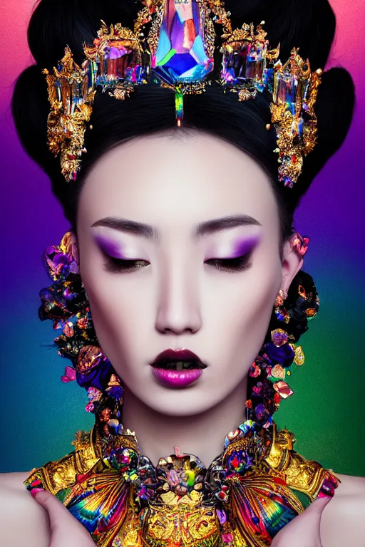 Image similar to a singular beautiful empress dramatic portrait, black hair, with a brilliant, impossible striking shiny big multi colored crystal headpiece, symmetrical, reflective surface, rainbow crystal clothes, rococo, baroque, jewels, asian, realistic, dramatic studio lighting, closeup, D&D, fantasy, intricate, elegant, highly detailed, digital painting, artstation, octane render, 8k, concept art, matte, sharp focus, illustration, art by Artgerm and Greg Rutkowski and Alphonse Mucha