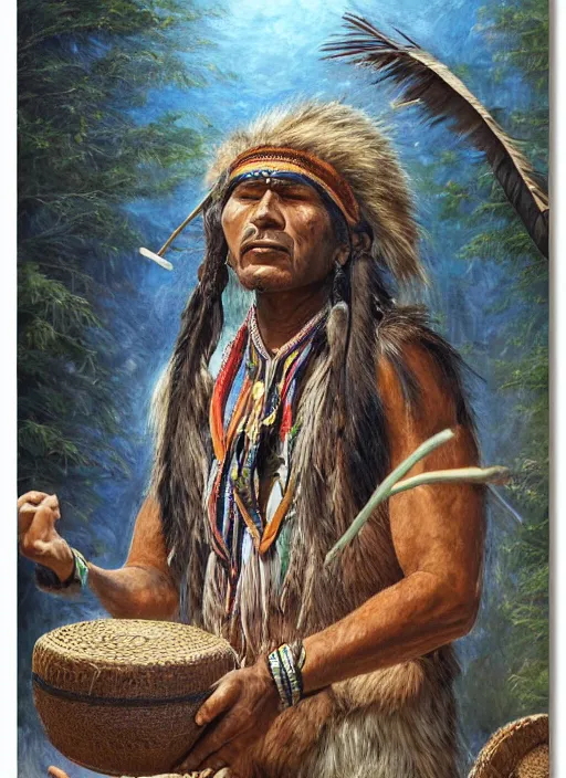 Image similar to a realistic painting of indigenous man playing shamanic drum, highly detailed, matte painting, fantasy art