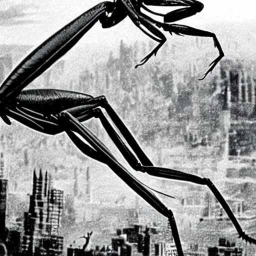 Prompt: “ still image taken from sci fi horror movie of a giant praying mantis attacking a city. low camera angle. 1 9 6 0 ”