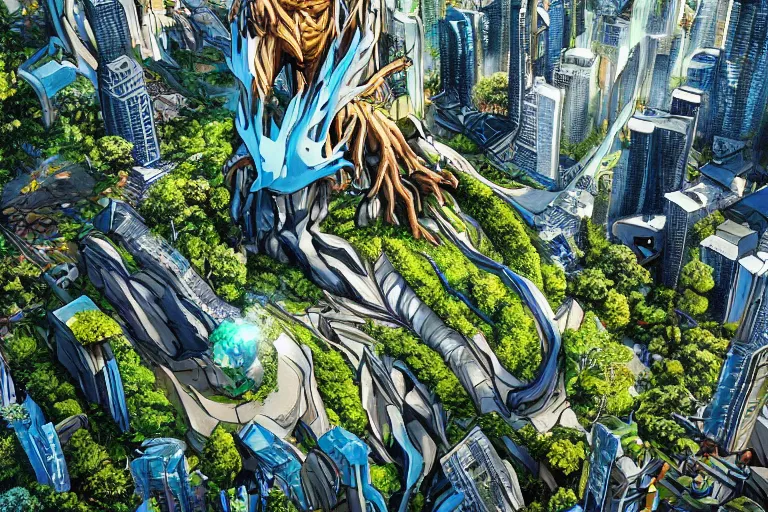 Prompt: birds eye view of a gigantic drift wood monster looming over a bright and lush futuristic city by