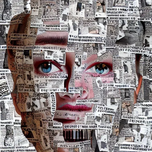 Prompt: a head-shaped chaotic collage made out of fragments of printed images taken from the internet, fashion magazines, and family photographs all coming together to form a hybrid face shape with twisted features in the Dadaesque style, mixed media