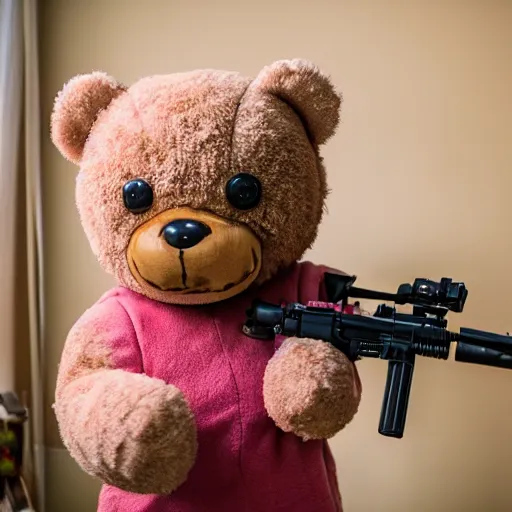 Prompt: cinematic photograph of an anthropomorphic teddy bear wearing pink combat armor and holding a rifle walking through a giant bedroom full of cute toys, 8k, highly detailed, highly intricate, depth of field, epic,