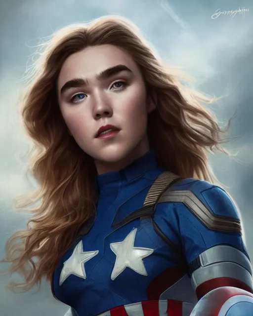 Image similar to 5 5 mm portrait photo of florence pugh as captain america. magical atmosphere. art by artgerm and greg rutkowski. highly detailed 8 k. intricate. lifelike. soft light. nikon d 8 5 0.