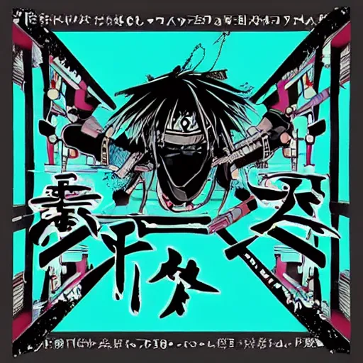 Prompt: samurai ninja random japanese words in the turquoise and black color as scarlxrd album cover